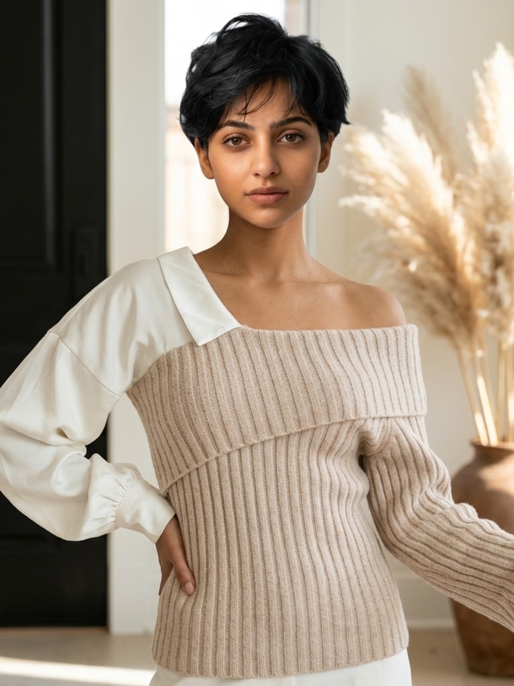 Off-Shoulder Ribbed Knit Sweater in Beige